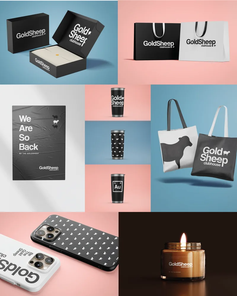 Goldsheep Clubhouse — packaging and merch mockups